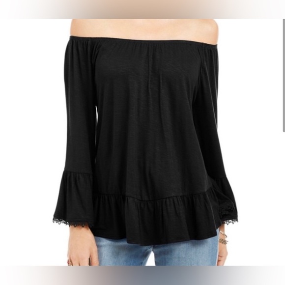 NWT Style & Co Petite Off The Shoulder Lace Trim Black Ruffled Top Size Small - Picture 2 of 15